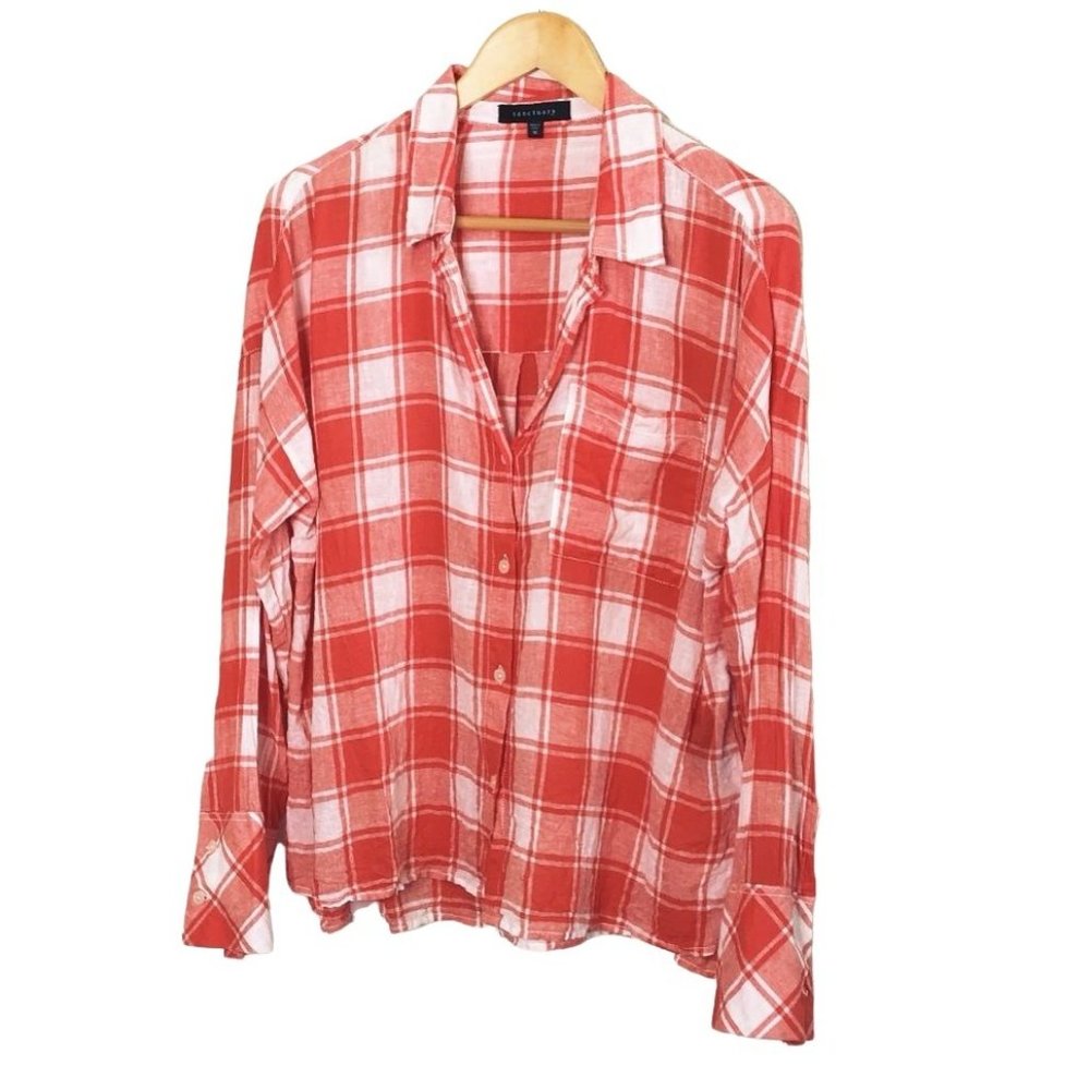 SOLD Sanctuary Plaid Boyfriend Linen Button Front Shirt Size Medium - Picture 4 of 9